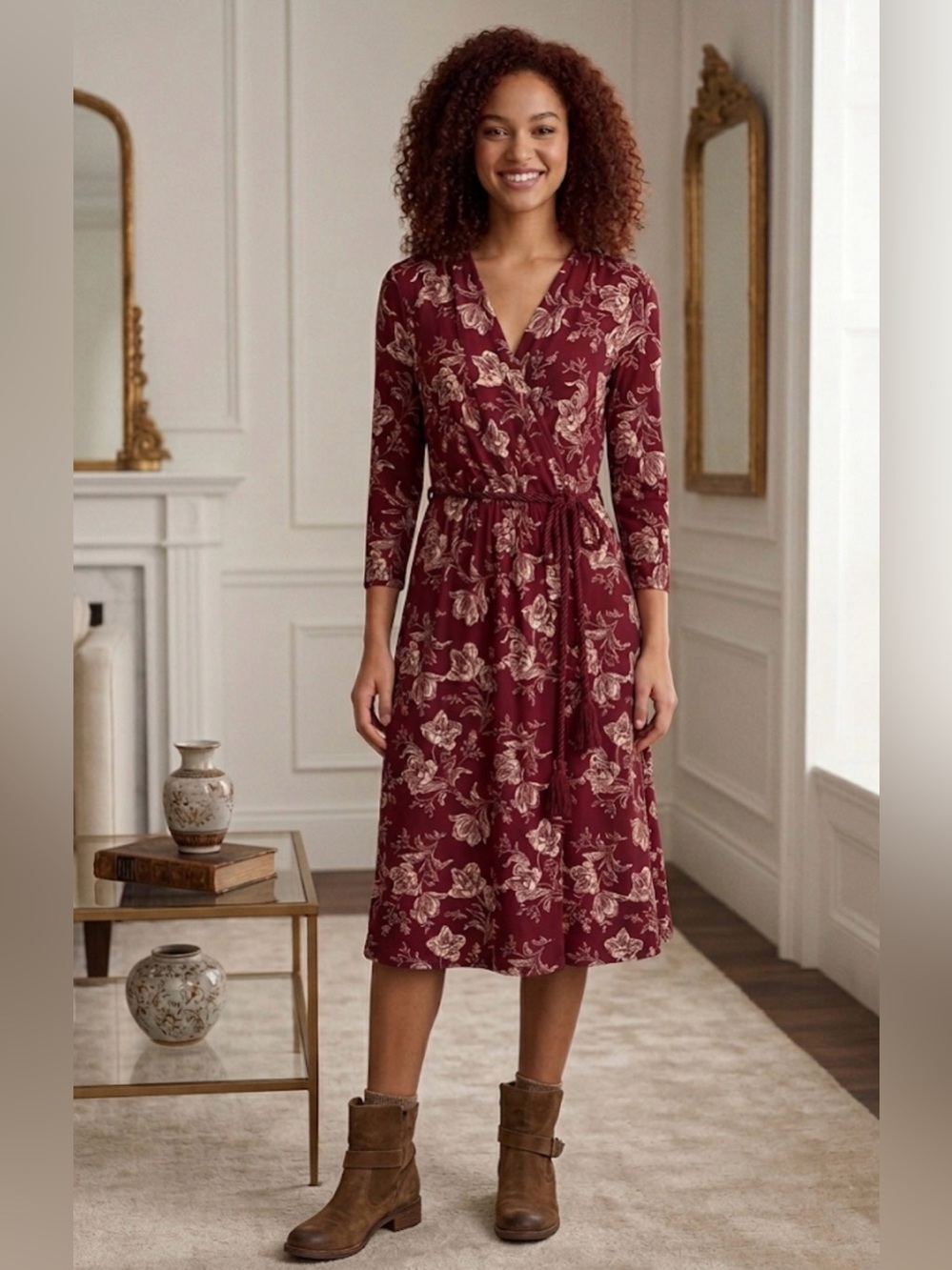 Lauren Ralph Lauren Burgundy Floral Faux-Wrap Midi Dress Size 10